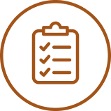A brown circular icon of a clipboard with a checklist.