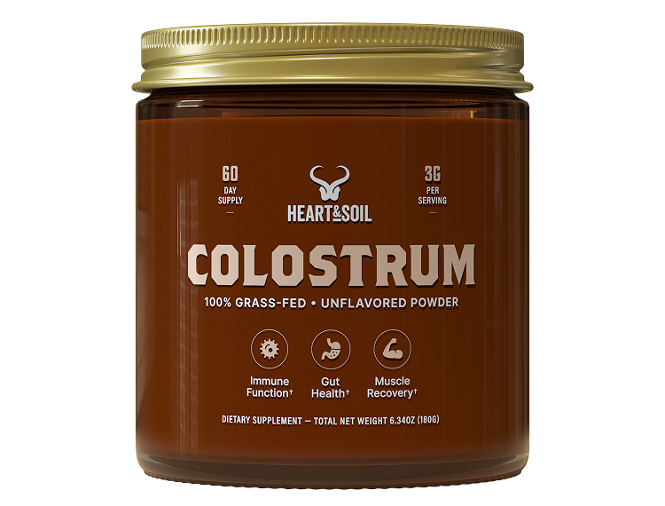 A jar of Heart & Soil Colostrum, a 100% grass-fed, unflavored dietary supplement powder.