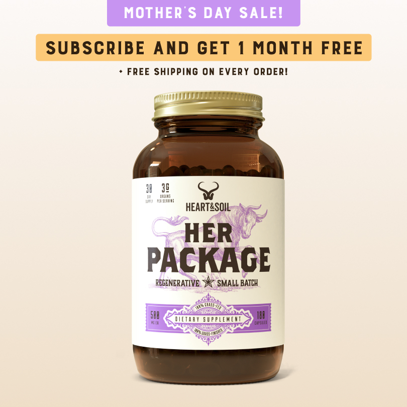 An ad for Heart & Soil's 'Her Package' dietary supplement, featuring a Mother's Day Sale promotion.