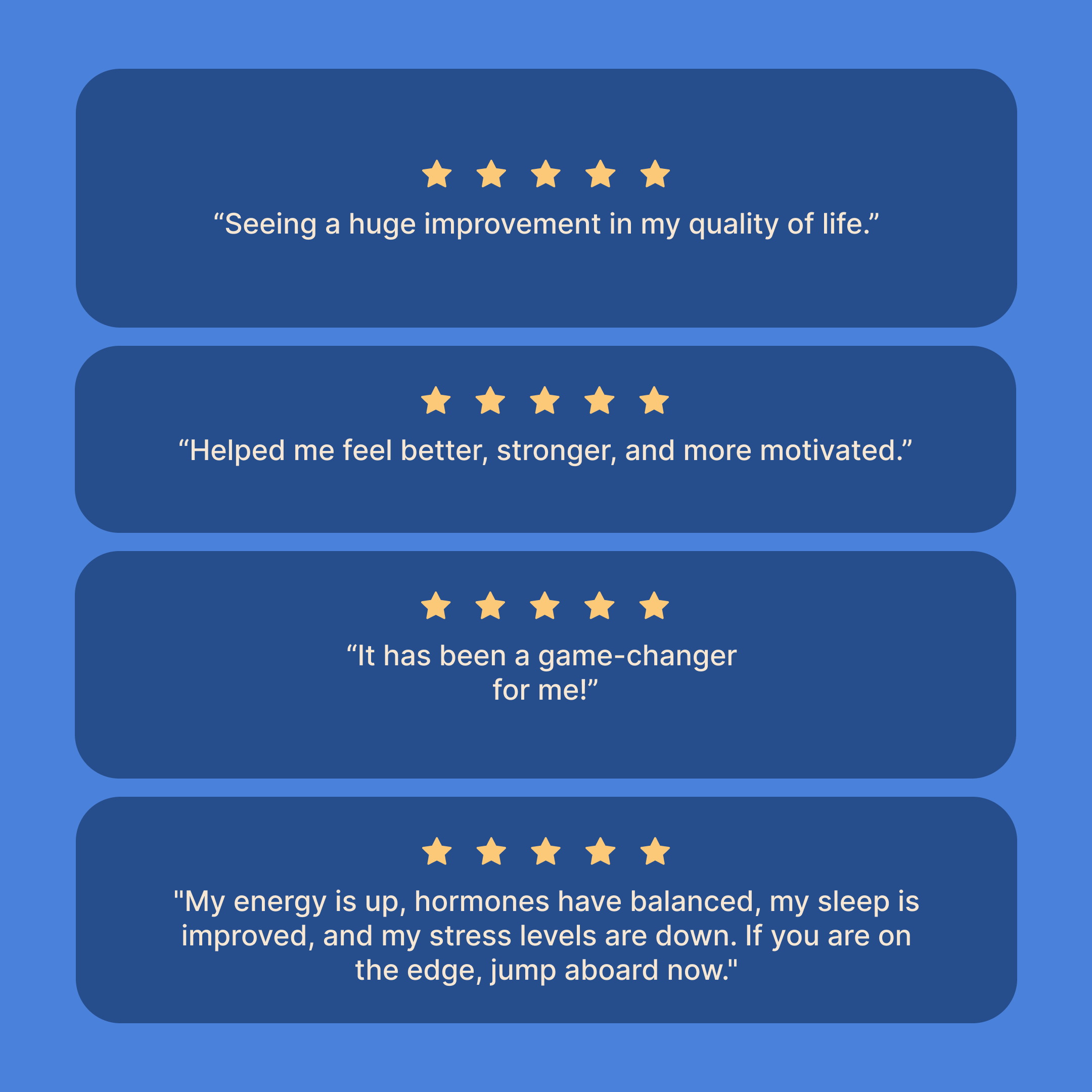 Four customer testimonials, each with a five-star rating, displayed in blue boxes on a lighter blue background.
