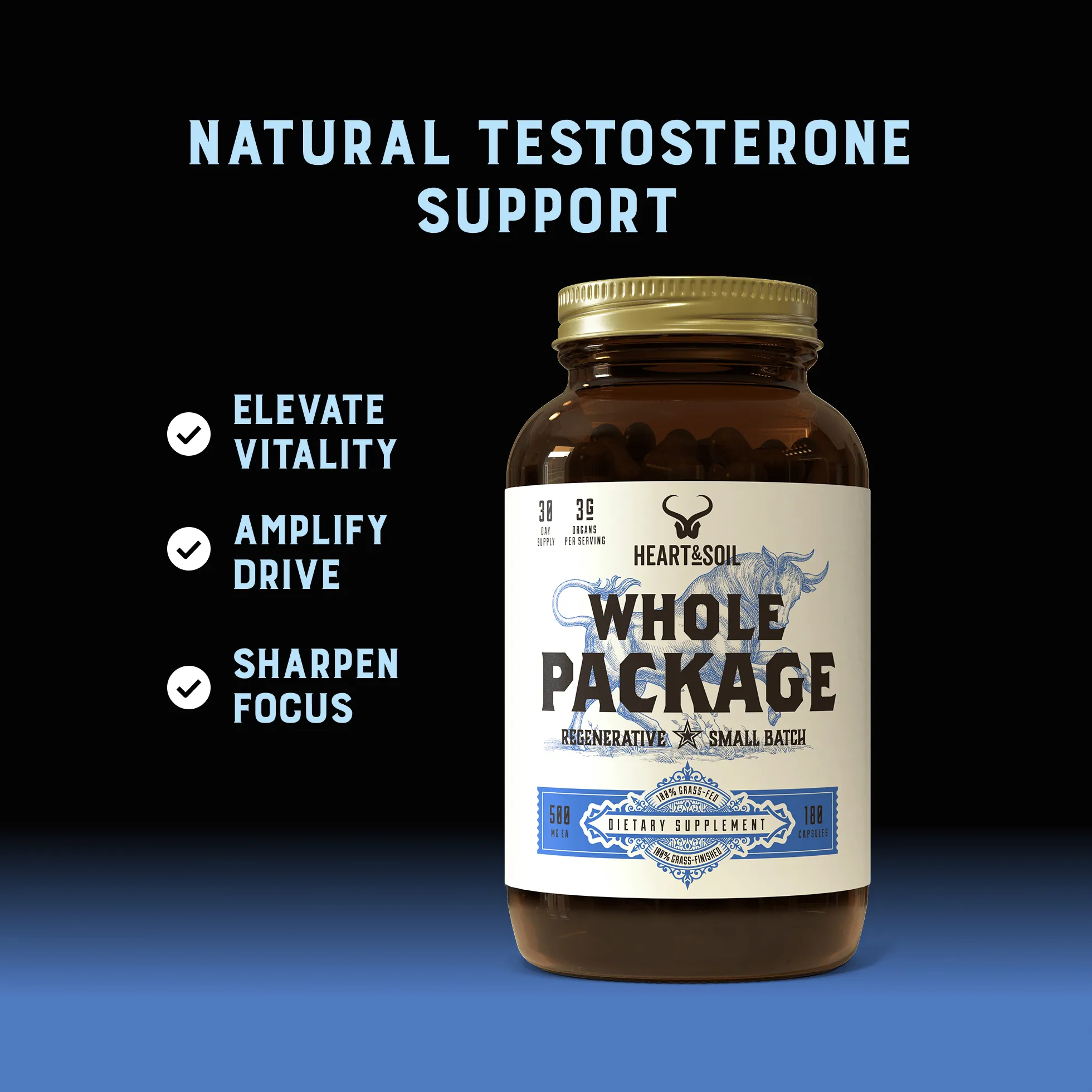 A bottle of Heart & Soil's 'Whole Package' natural testosterone support dietary supplement against a black background.