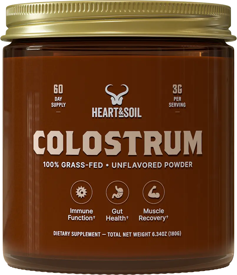 A brown jar of Heart & Soil Colostrum, a 100% grass-fed, unflavored dietary supplement powder.