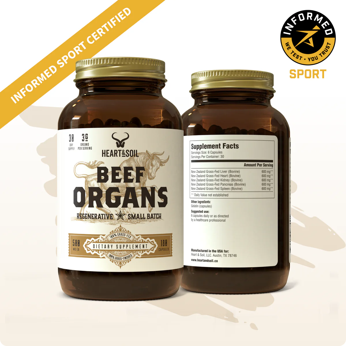 Two brown supplement bottles labeled 'Beef Organs' with supplement facts and certification logos.