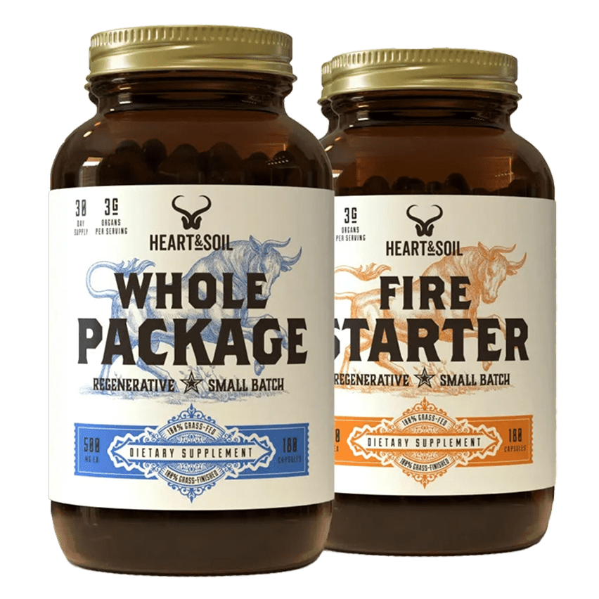 Two brown supplement bottles labeled 'Whole Package' and 'Fire Starter.'
