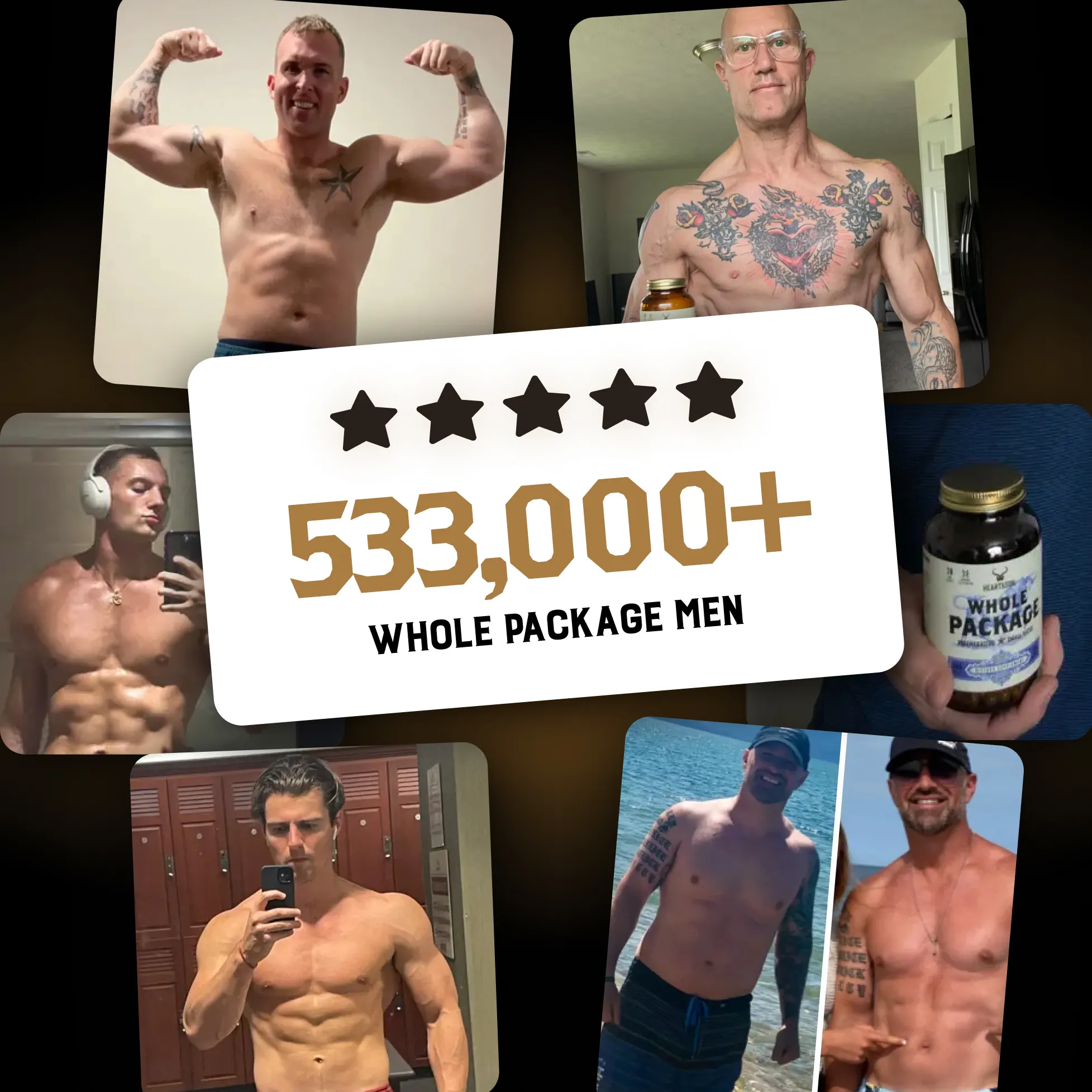 A collage of muscular men, a supplement bottle, and text reading '533,000+ Whole Package Men'.