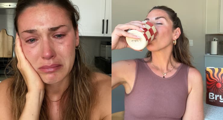 Two images: one of a woman crying, another of her drinking from a cup.