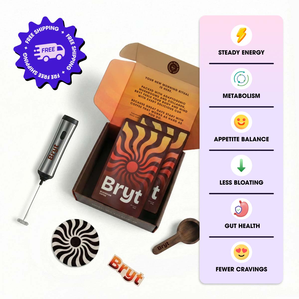 Bryt mushroom coffee in a box with packets, a frother, scoop, and coaster, next to a benefits list.