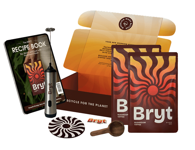 Coffee product set with packaging, frother, recipe book, and accessories.