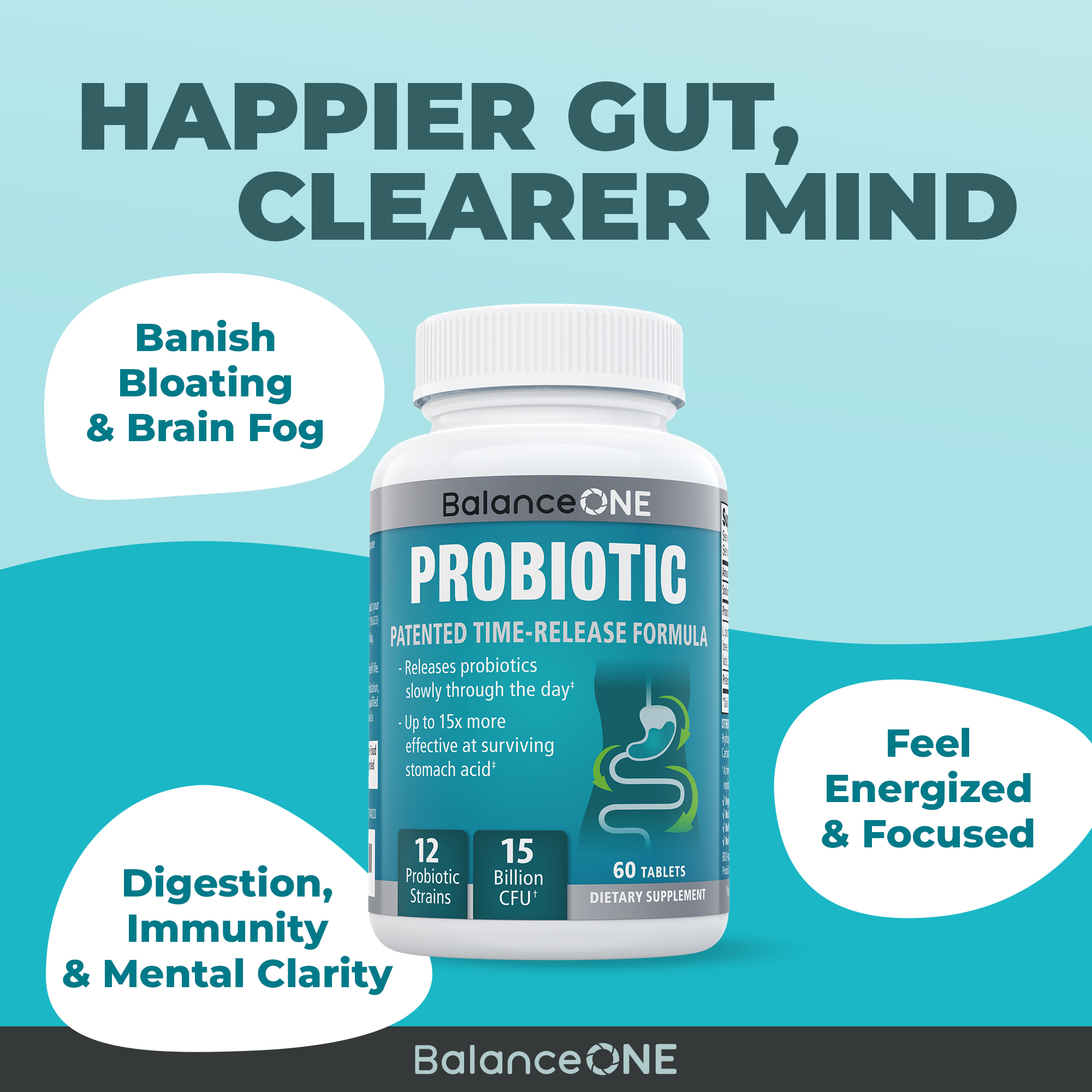 Probiotic supplement bottle with text promoting gut health and mental clarity.