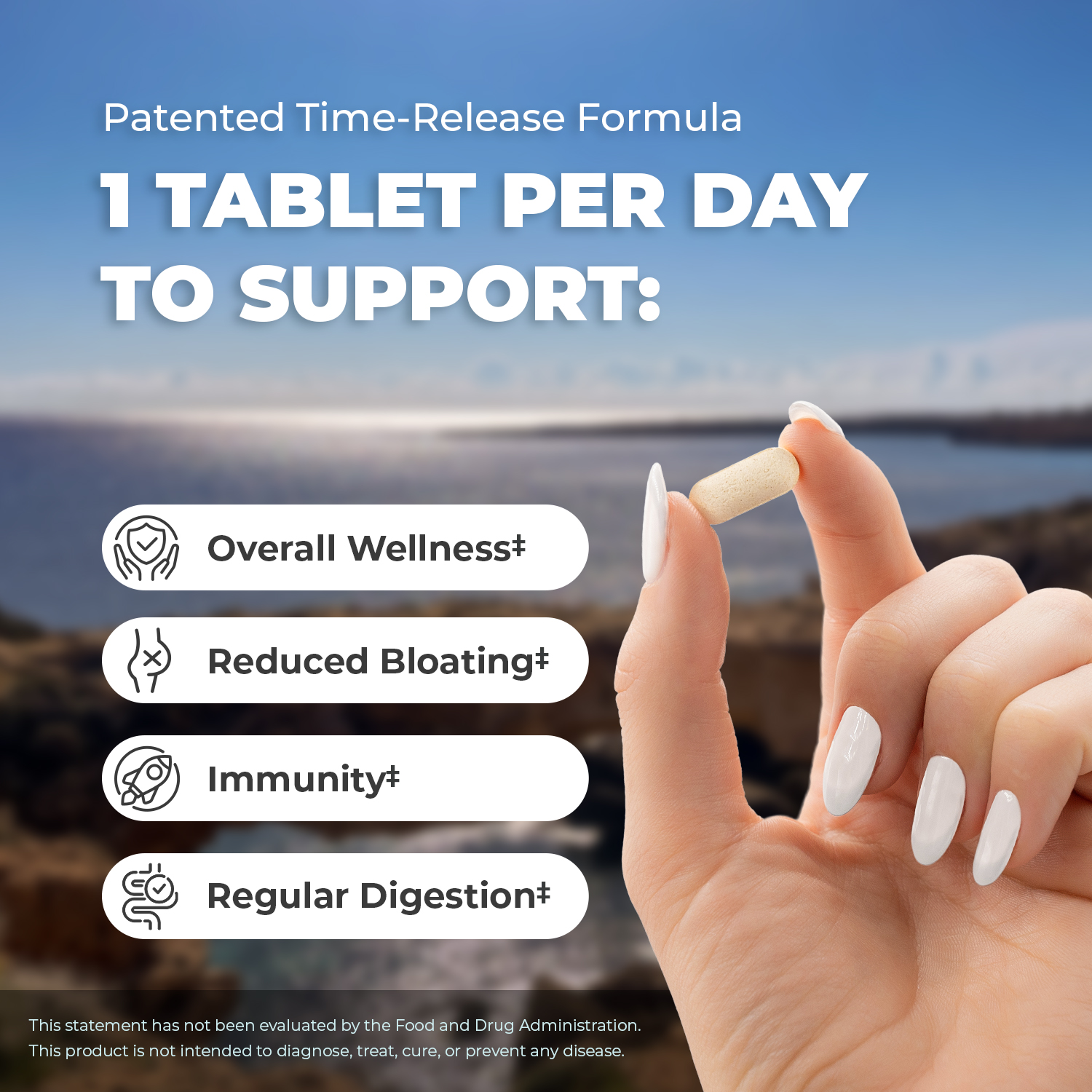 Hand holding a tablet with text about wellness benefits.