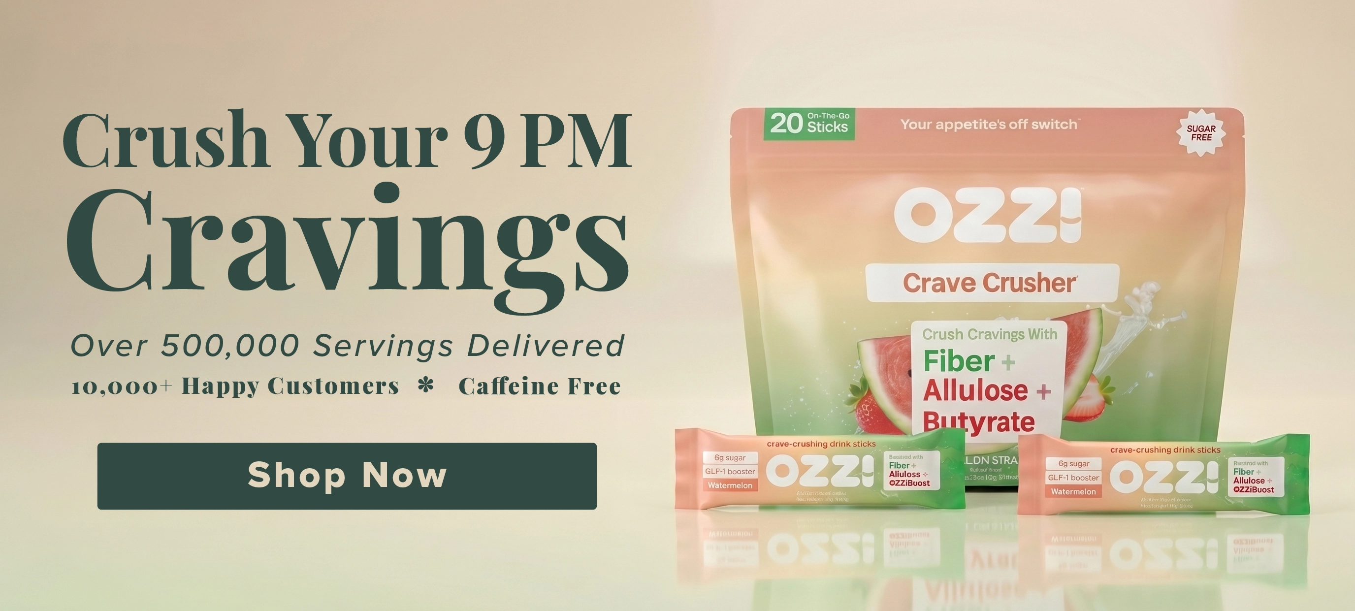 Promotional image for OZZI! drink sticks, showing the product being mixed with water, surrounded by fresh fruit.