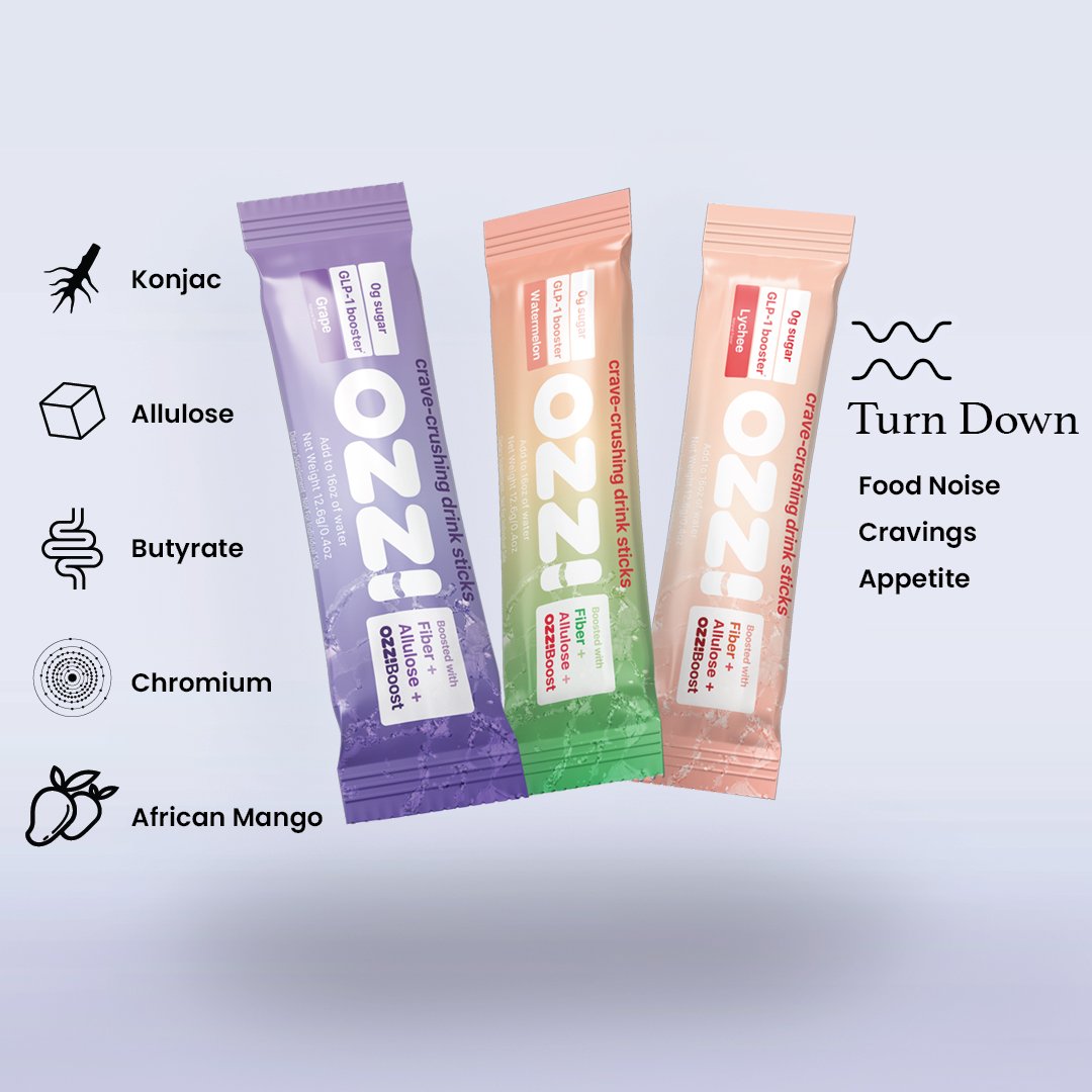 Three OZZI drink sticks with ingredients and benefits listed.