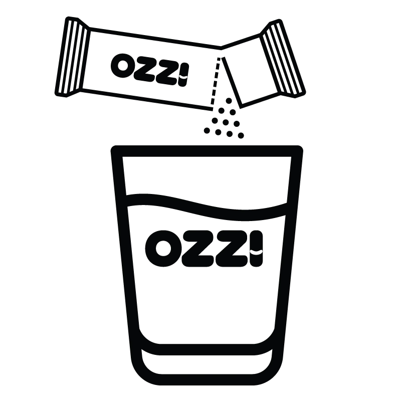 Illustration of a packet pouring into a glass labeled 'OZZI!'.
