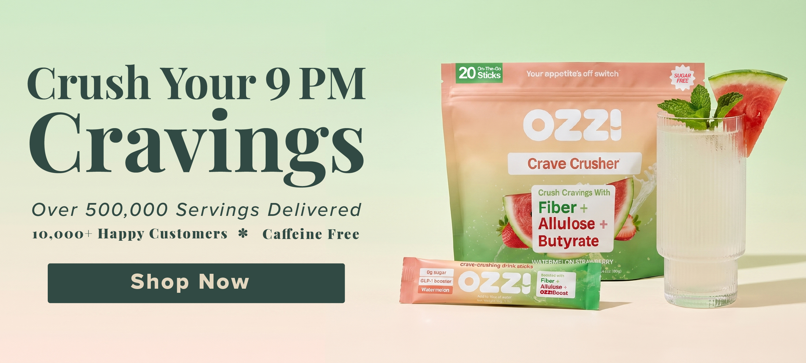 Promotional image for OZZI! drink sticks, showing the product being mixed with water, surrounded by fresh fruit.