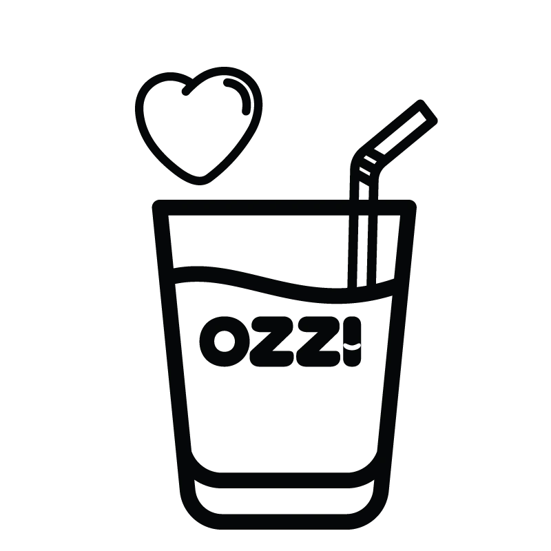 Outline of a glass with a straw, heart, and the word 'OZZI' inside.