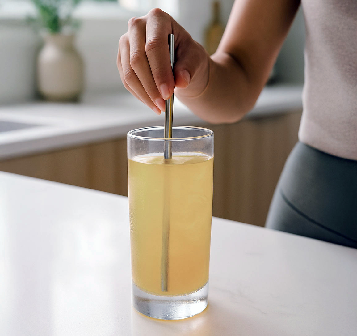 Person stirring a glass of yellow drink with a metal straw.