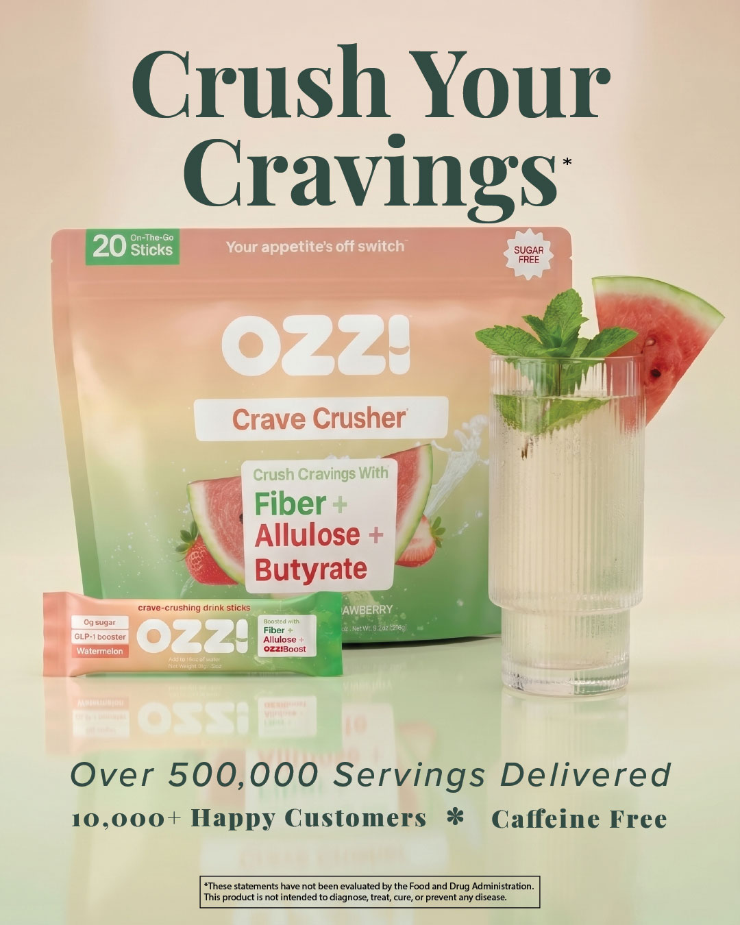 A promotional image for OZZI! Crave Crusher drink mix with its packaging and a prepared beverage.