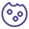 A simple purple line icon of a round cookie with a bite taken out and three chips.