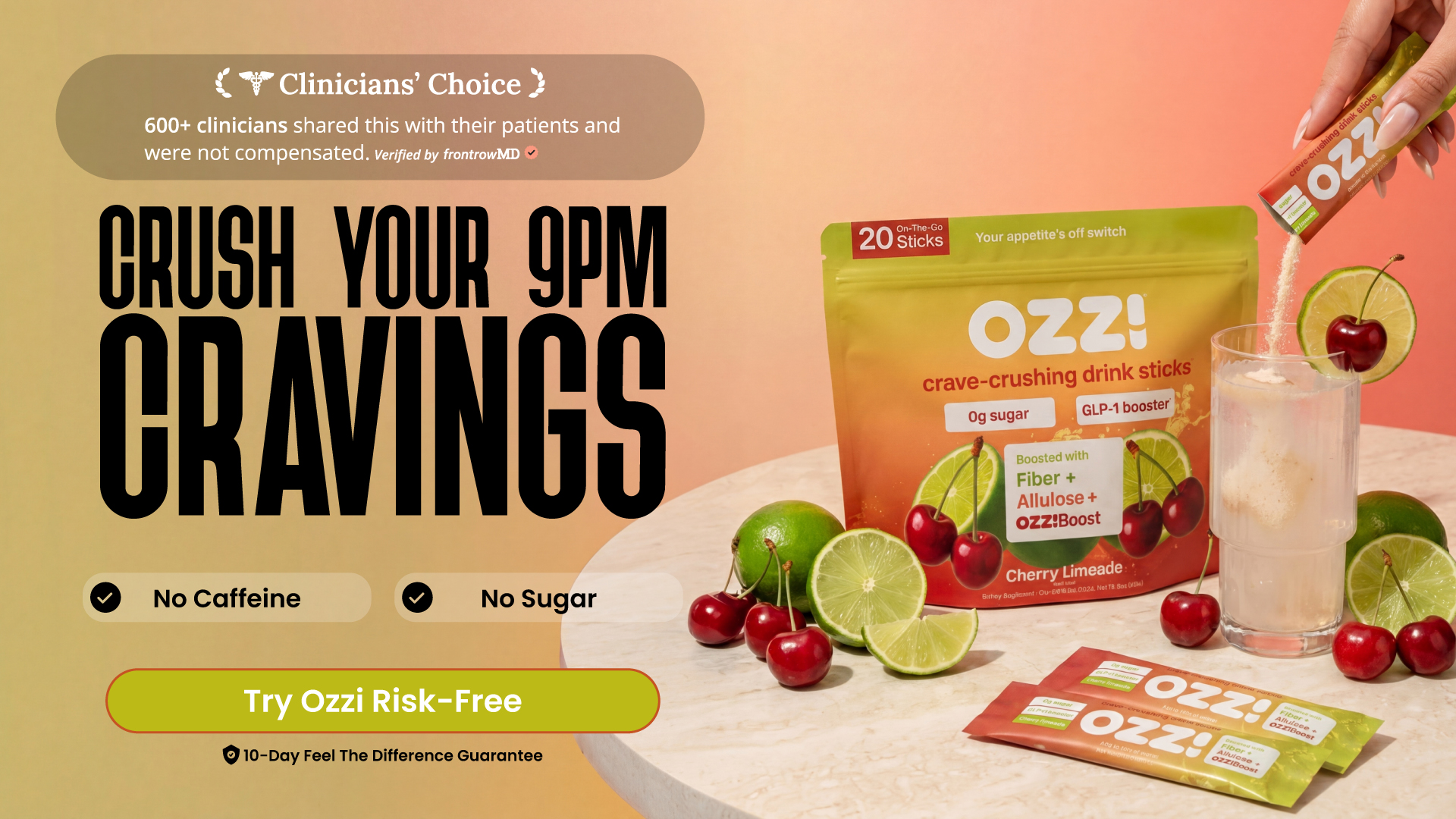 Promotional image for OZZI! drink sticks, showing the product being mixed with water, surrounded by fresh fruit.