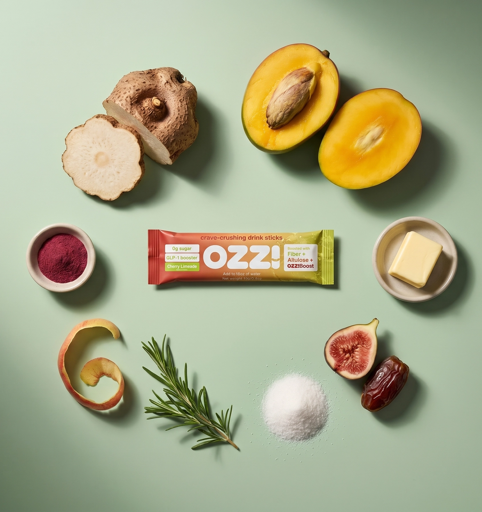 An OZZI drink stick packet arranged with various fresh fruits and ingredients on a green background.
