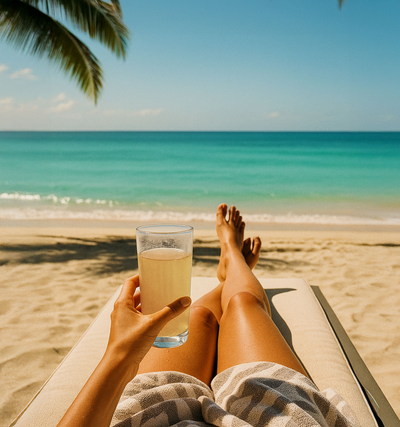 Person relaxing on a beach chair, holding a drink, with ocean view.