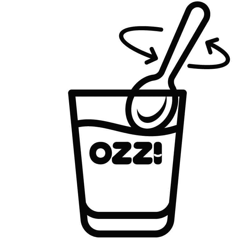 Illustration of a glass with a spoon and the word 'OZZI' on it.