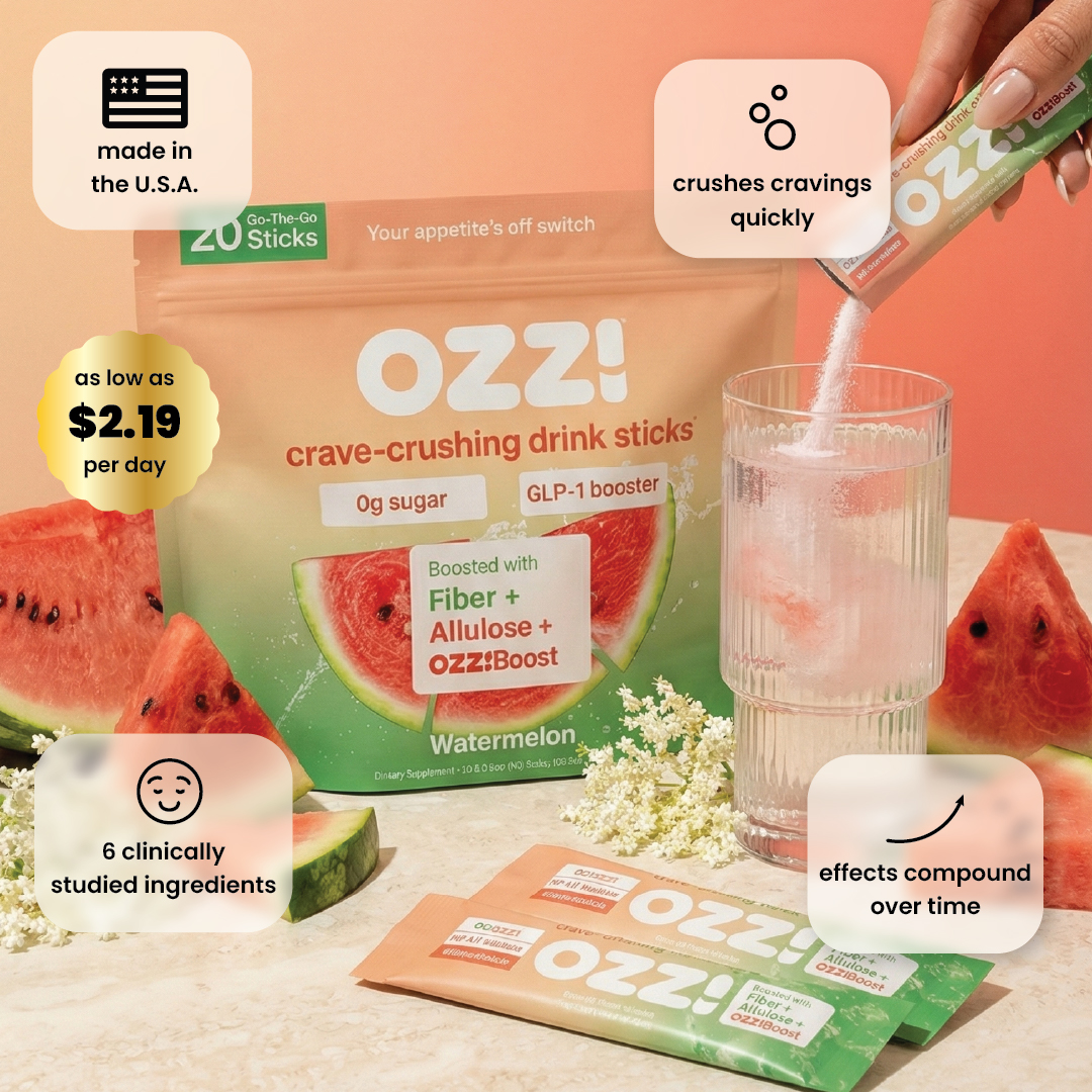 OZZI! watermelon-flavored drink mix sticks being poured into a glass of water surrounded by fresh watermelon.