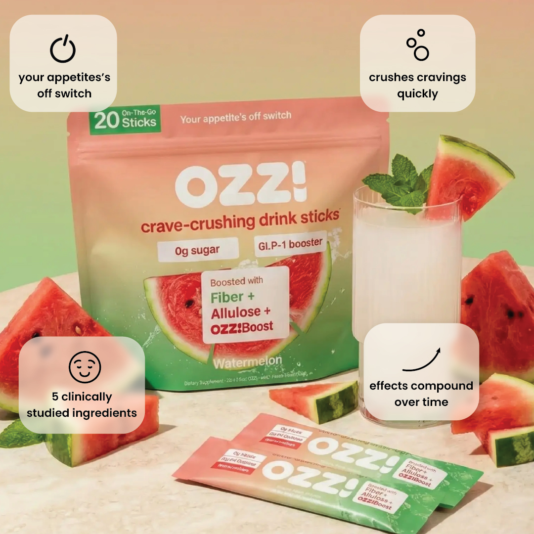 Package of watermelon flavored drink sticks with a glass of the drink and watermelon slices.