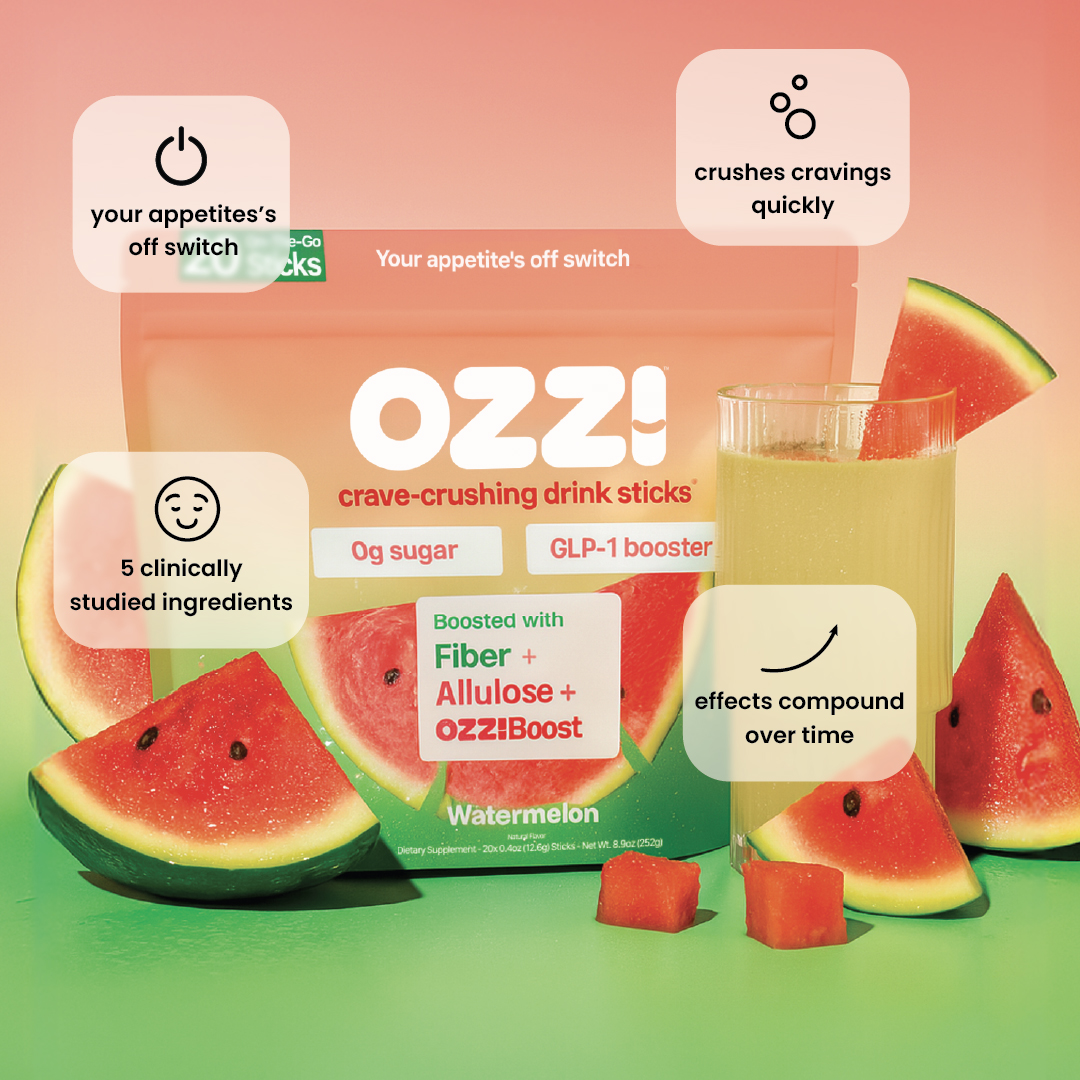 OZZI drink sticks package with watermelon slices and a glass of yellow liquid.