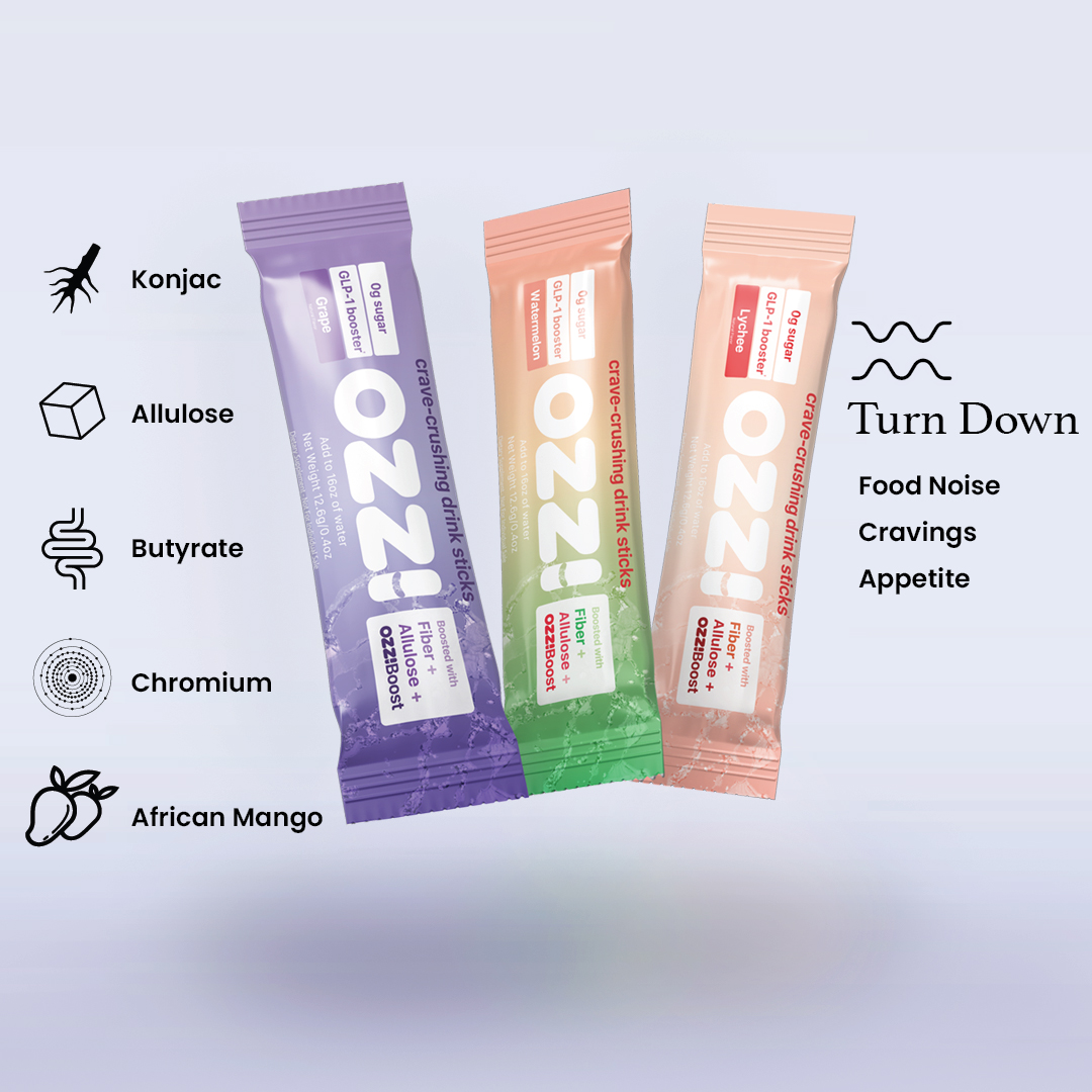 Three OZZI drink sticks with ingredients and benefits listed beside them.