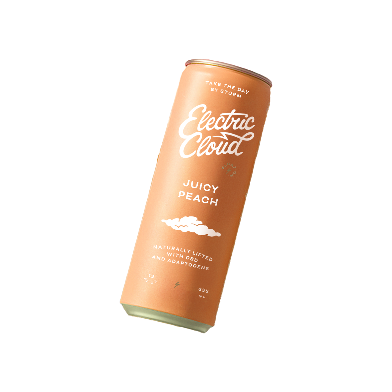 Orange can labeled 'Electric Cloud Juicy Peach' with cloud design on a soft background.