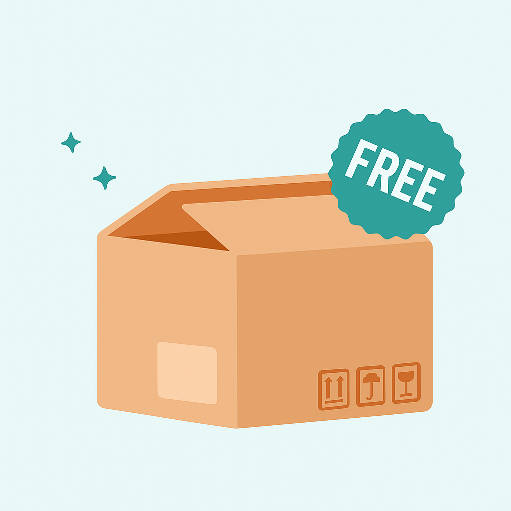 Illustration of an open cardboard box with a 'FREE' label.