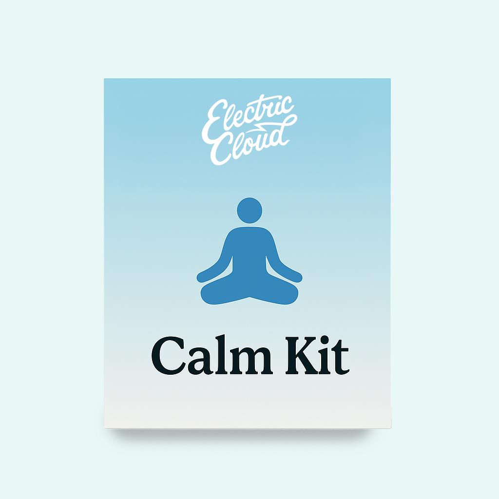 Blue gradient poster with 'Electric Cloud' text, yoga icon, and 'Calm Kit' text.