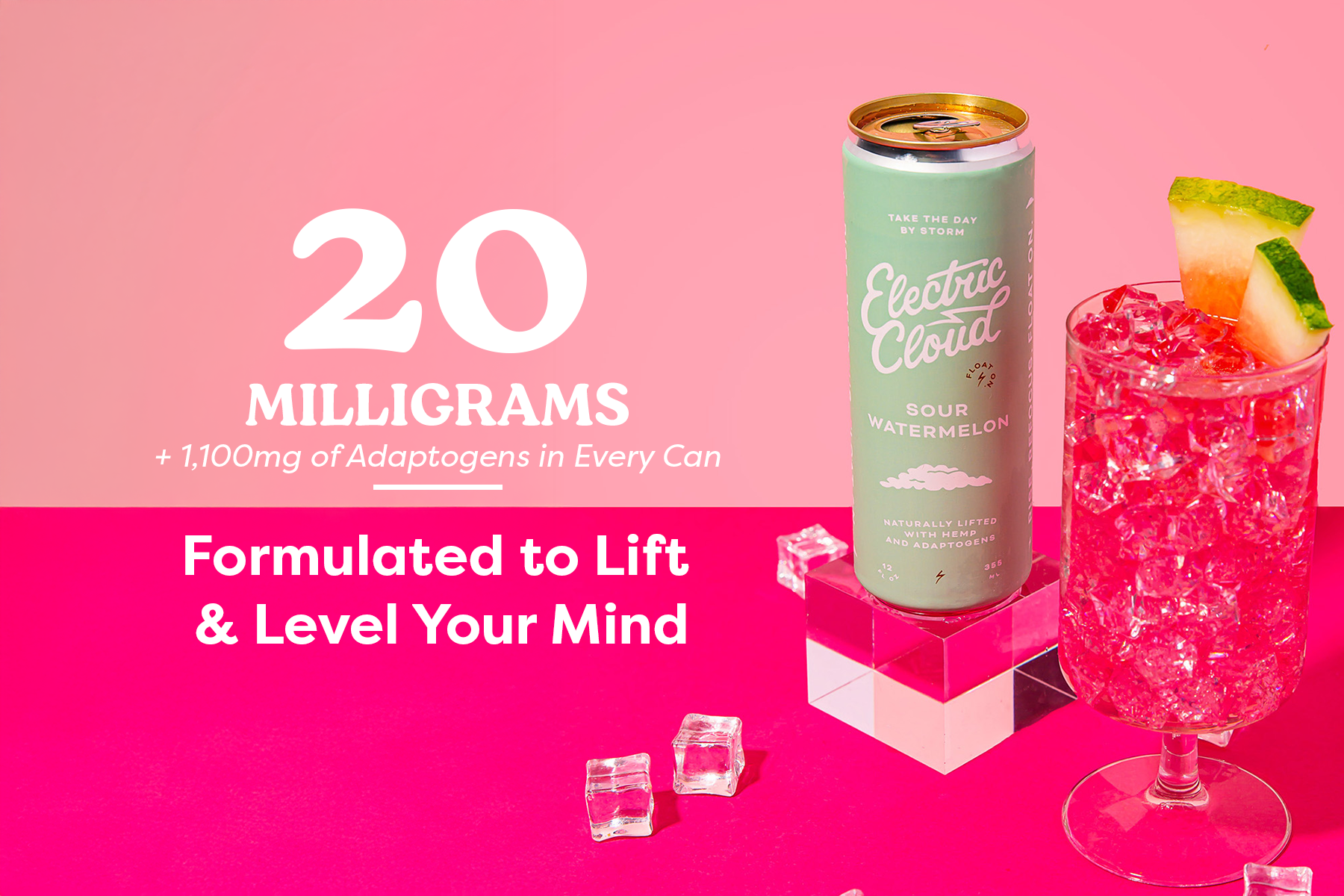 Can of Electric Cloud Sour Watermelon drink with a glass of pink beverage and ice cubes.