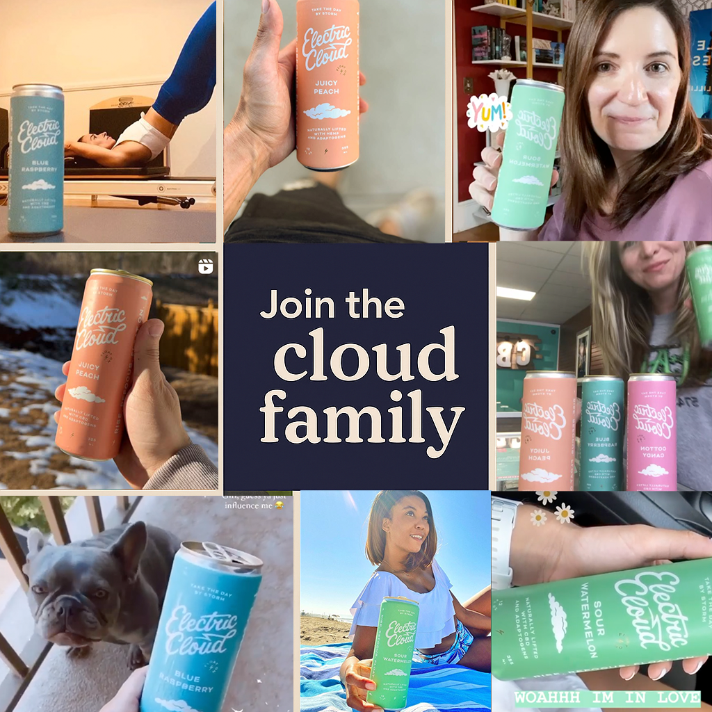 Collage of people holding Electric Cloud beverage cans in various settings.