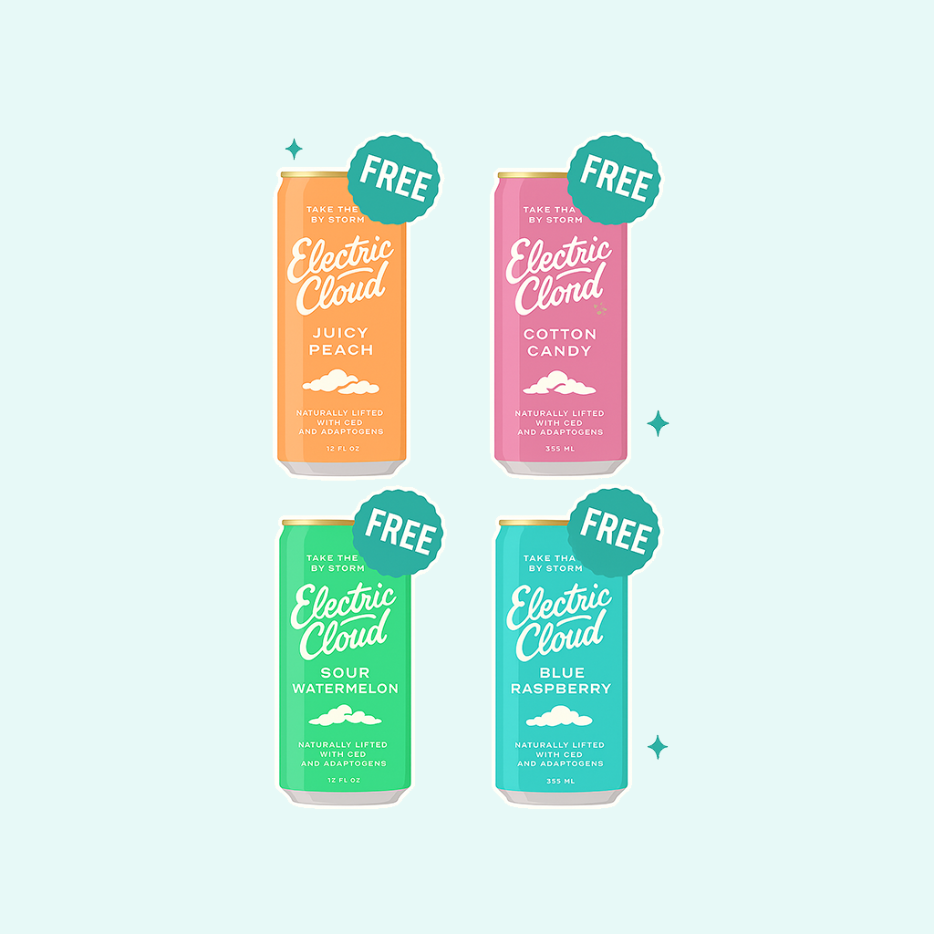 Four colorful beverage cans labeled 'Electric Cloud' with 'FREE' tags.