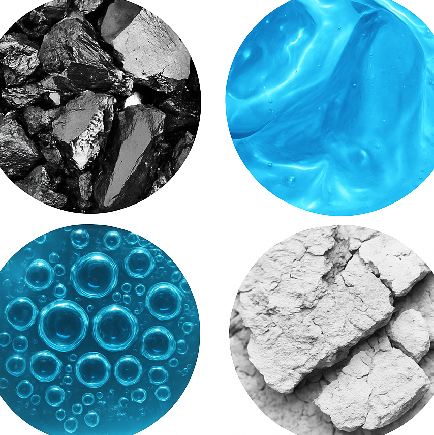 Four circular images: coal, blue liquid, bubbles, and cracked earth.