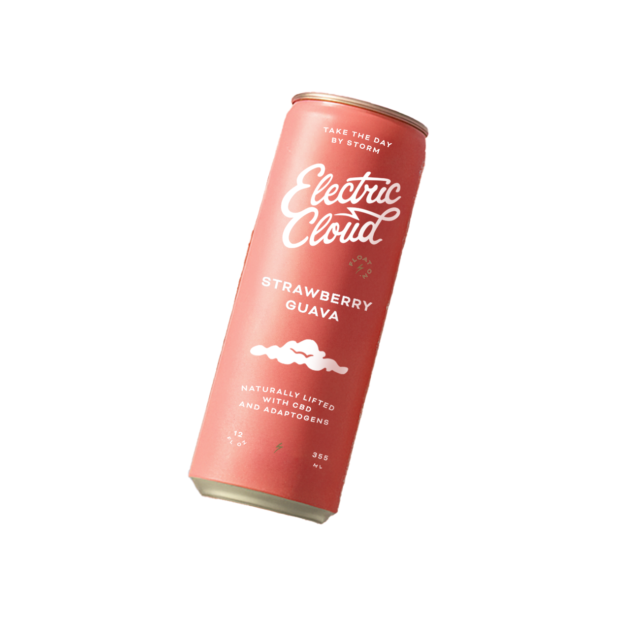 Pink can labeled 'Electric Cloud Strawberry Guava' on a fluffy pink background.