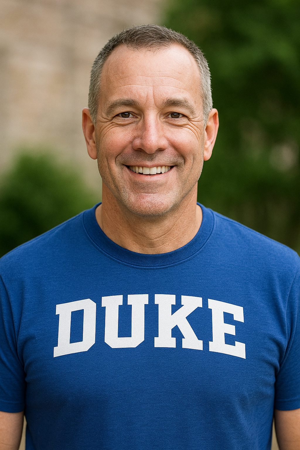 Smiling person wearing a blue shirt with the word 'DUKE'.