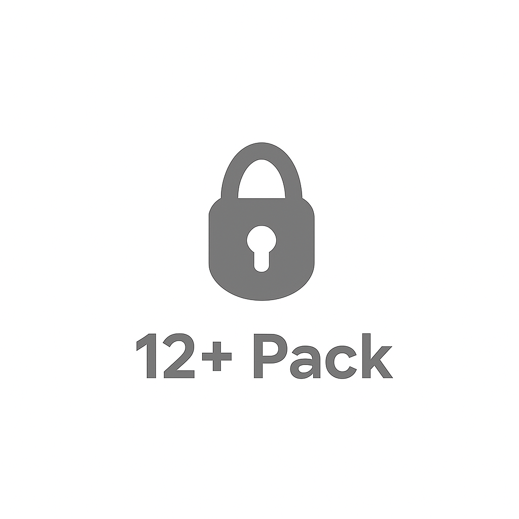 Gray lock icon with text '12+ Pack' below.