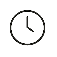 Simple black and white clock icon with hour and minute hands.