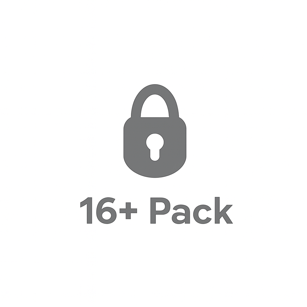 Gray padlock icon above text '16+ Pack' on white background.