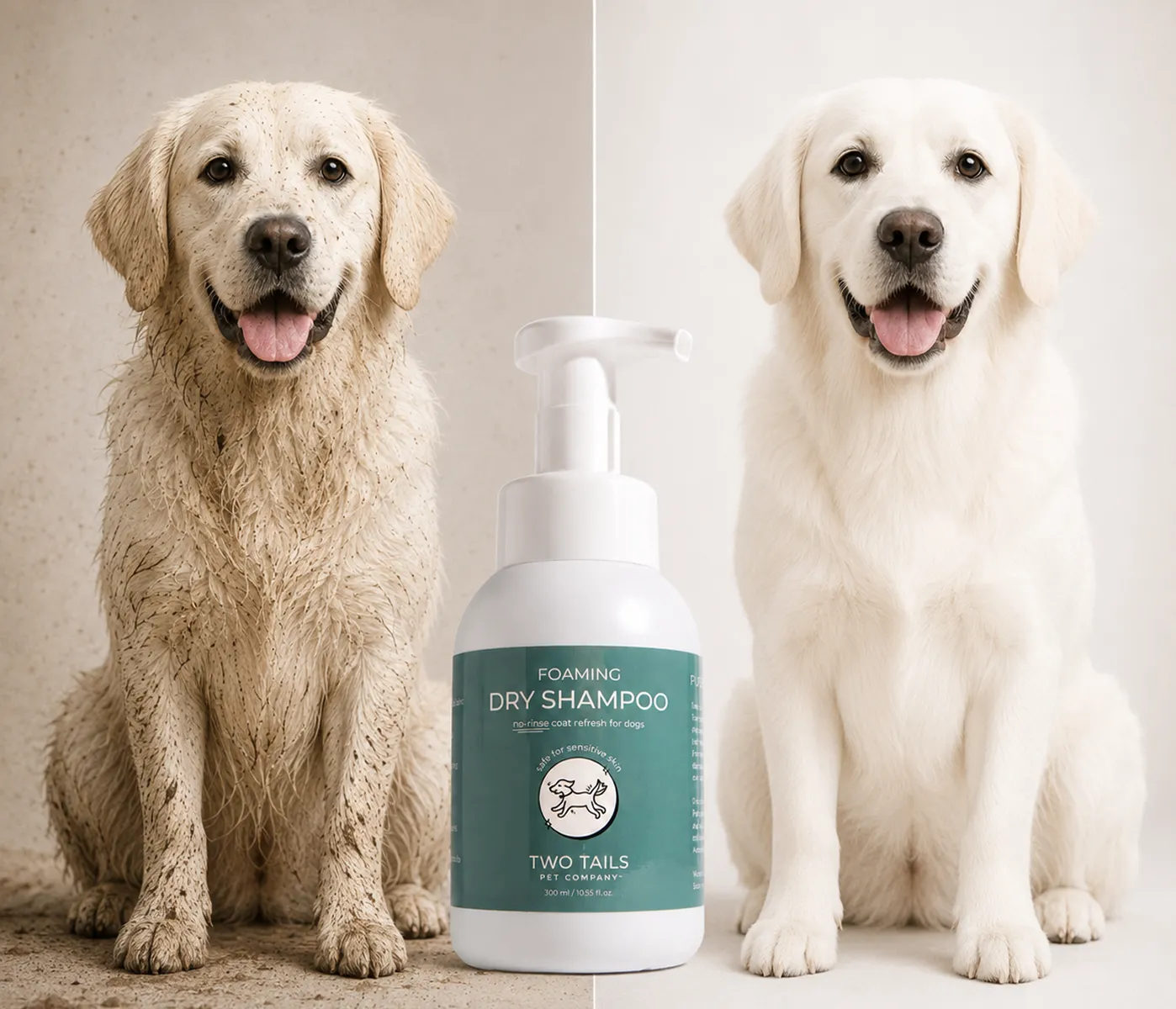 A split image shows a dog before and after being cleaned with a bottle of dry shampoo.