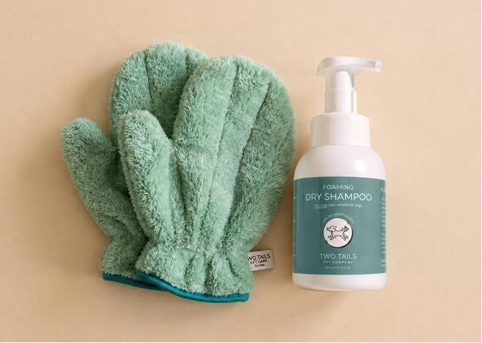 A pair of fluffy, seafoam green grooming mitts next to a bottle of Two Tails Pet Company Foaming Dry Shampoo.