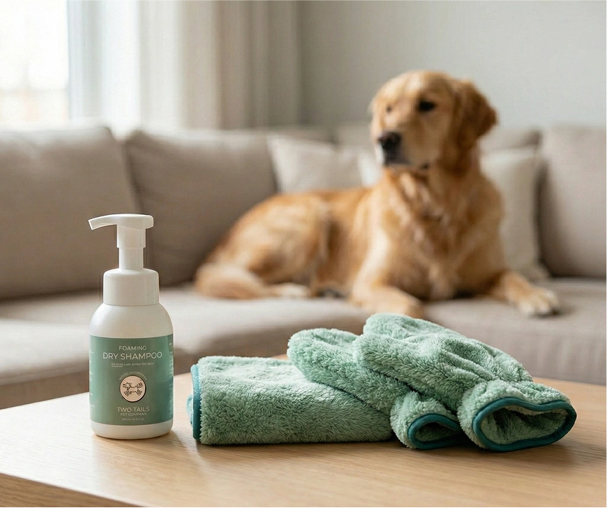 A bottle of foaming dry shampoo and a green towel on a table with a golden retriever in the background.