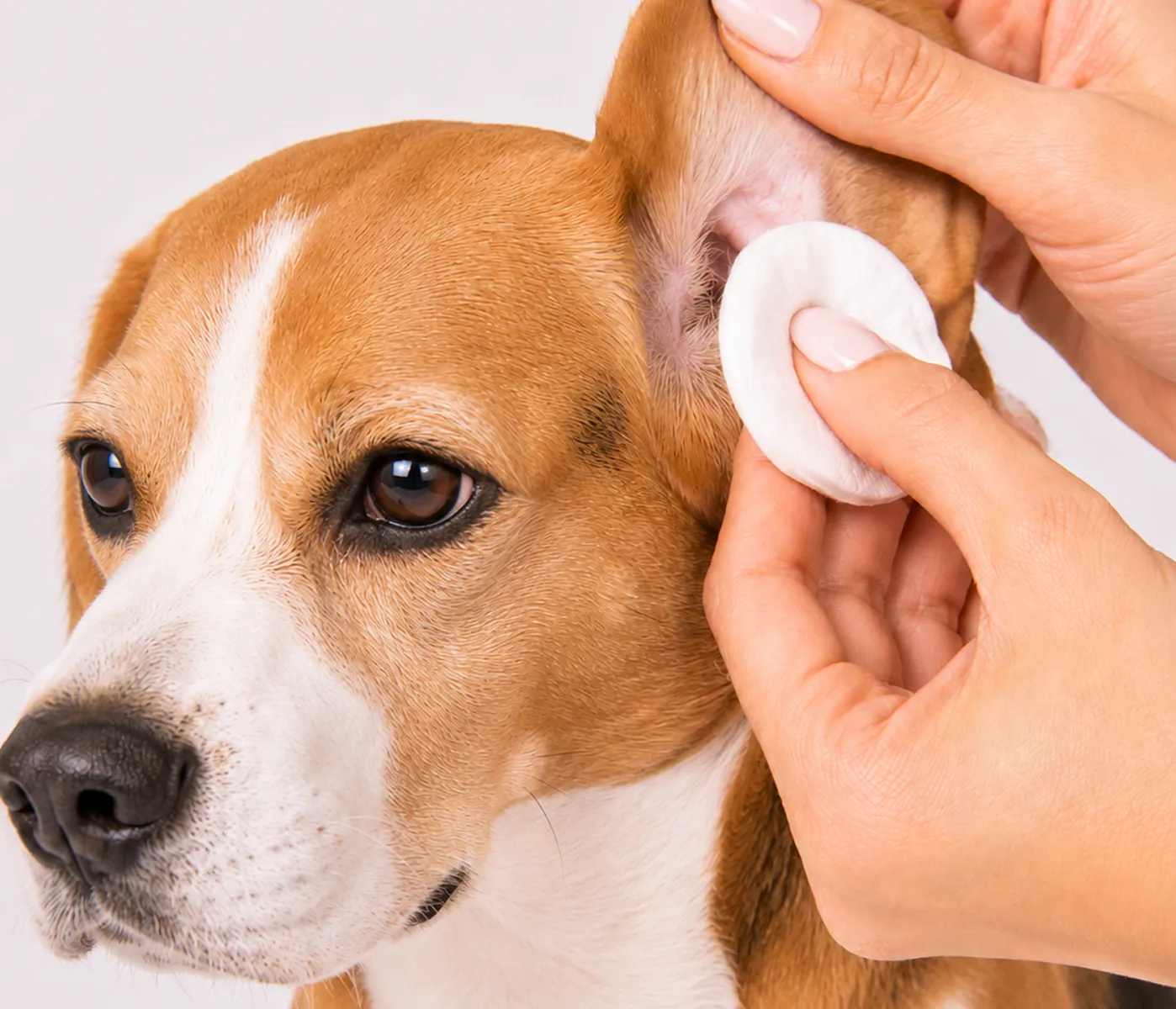 A person's hands cleaning the inside of a beagle's ear with a white cotton pad.