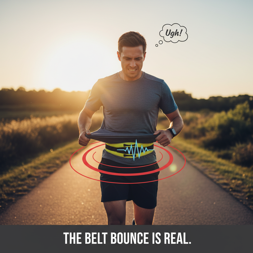 A frustrated man runs on a path as his running belt bounces, with text 'The belt bounce is real'.