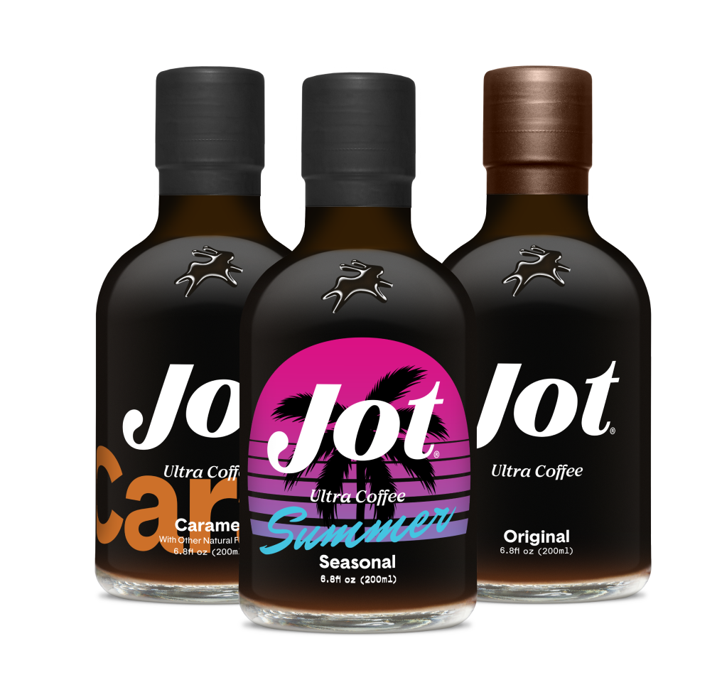 Three bottles of Jot Ultra Coffee with different labels.