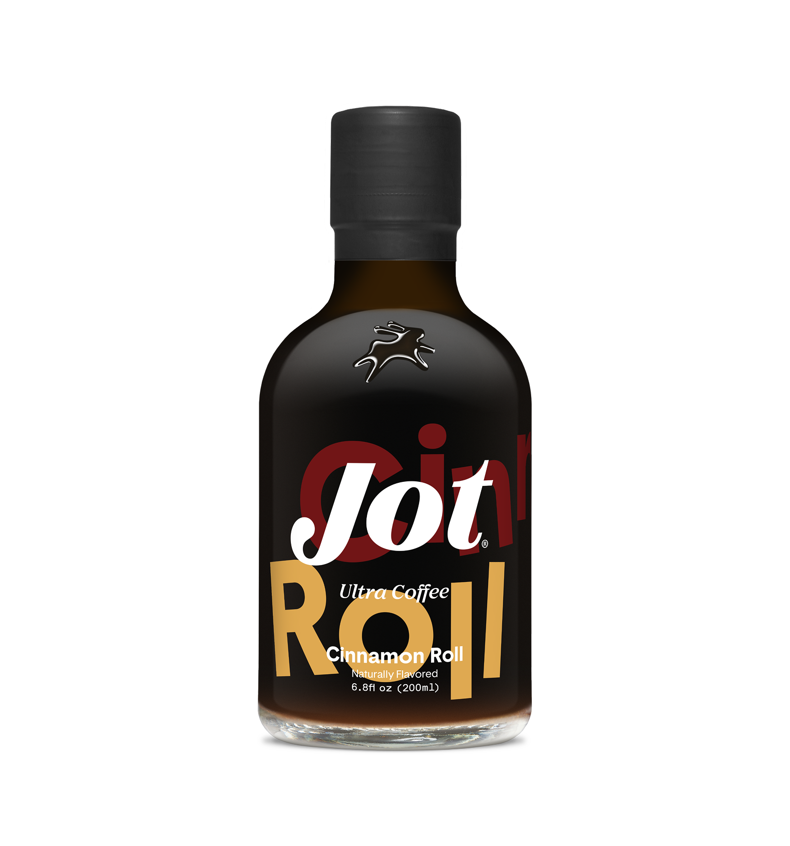 A glass bottle of Jot Ultra Coffee concentrate, Cinnamon Roll flavor, on a white background.