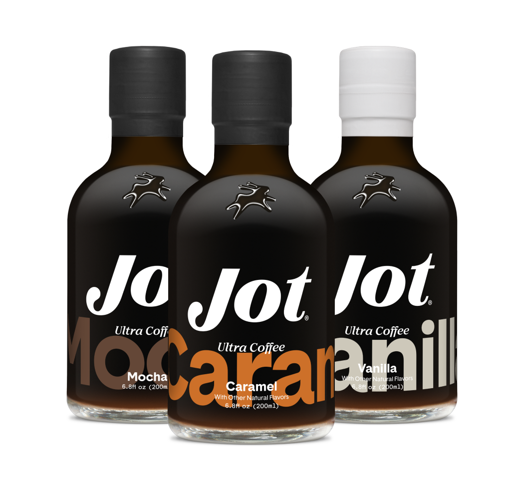 Three Jot Ultra Coffee bottles: Mocha, Caramel, Vanilla.